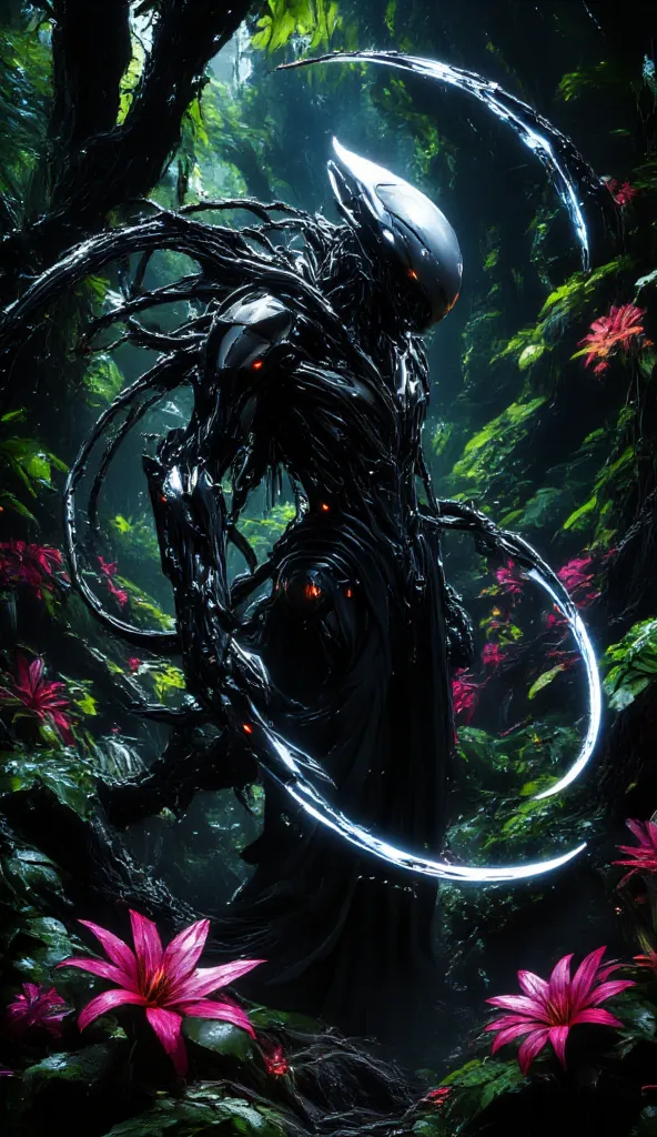 "A mysterious robotic alien explorer with a sleek, organic-metallic design, analyzing the flora of an exotic jungle planet."