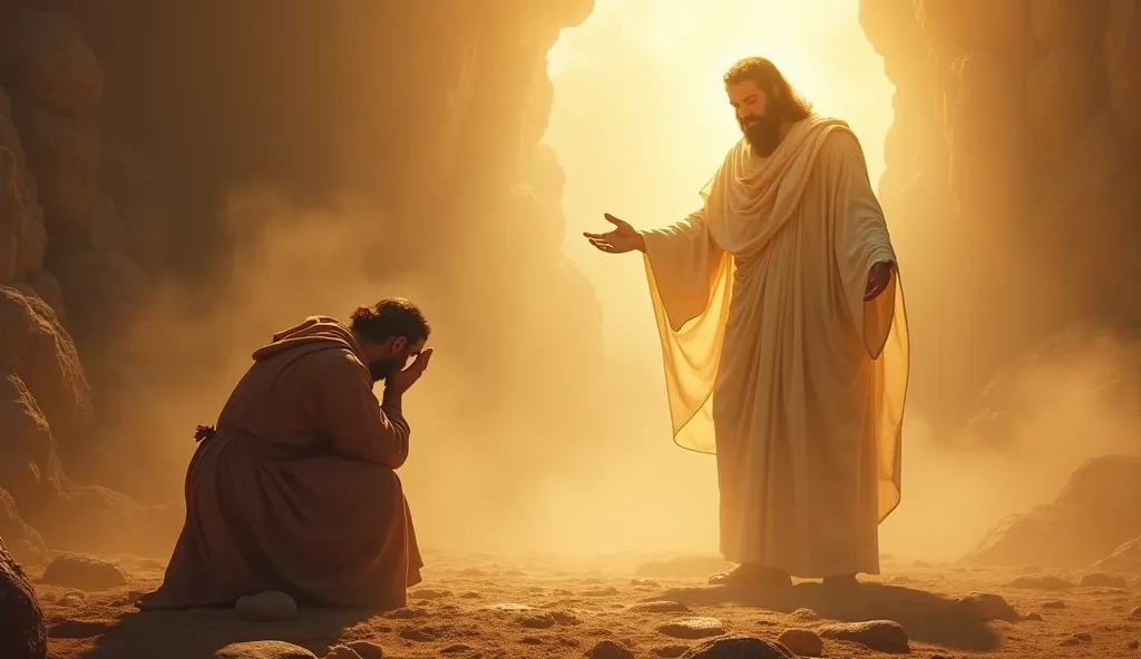 The Apostle John falls to his knees, covering his face with awe and reverence, as the imposing figure of the glorified Christ stands before him. The environment is shrouded in heavenly light, with open skies and a sense of overwhelming divine power.