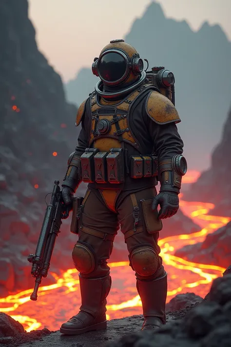 Deep diver holding a musket next to a lava pool