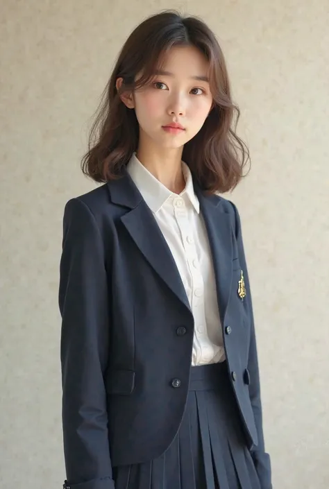 Generate an image of a Korean girl,  light brown hair, mis longs arrivant aux épaules, dressed in a high school uniform, She is 16 and has wavy hair