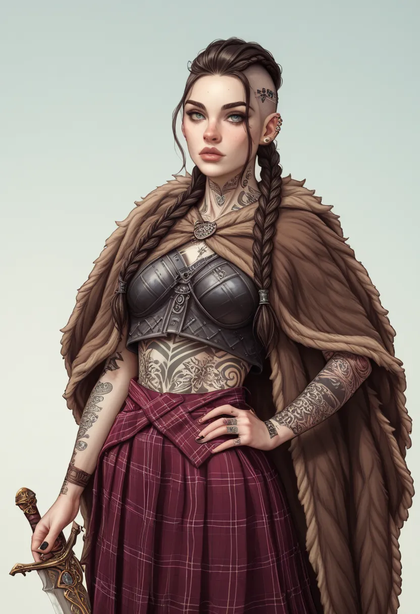 1 young and beautiful celtic ((warrior)) girl, mystical medieval witch, pale skin, ((celtic black tattoos)), ((shaved hair + dark braids + ponytail)), cruel expression , ((celtic fur clothes)), celtic ambiance , generous cheast, (ornate celtic leather armo...