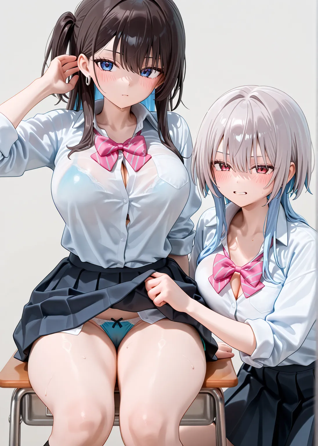 2 girls、 accurate human body structure 、8k,masterpiece, Best Quality,  Anime Girl ,  is exquisite and beautiful, when my earlobes were fueled 、  clear _picture、  vulgar、 high school girl 、 Horny girl 、 slim body、 is embarrassing、shy、（Girl 1、 in underwear、b...