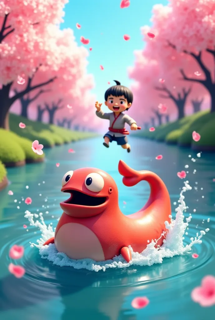 Generate an animated-style kappah by swimming in a river, And behind a samurai running and screaming among cherry blossoms