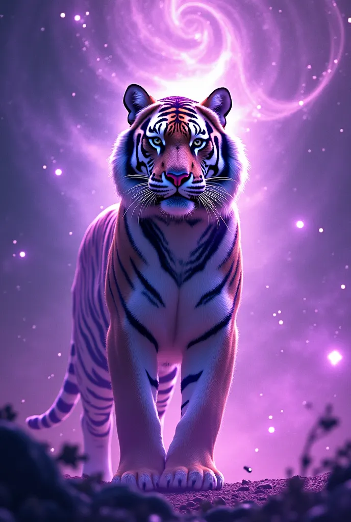 Tiger surrounded by violet cosmic energy 