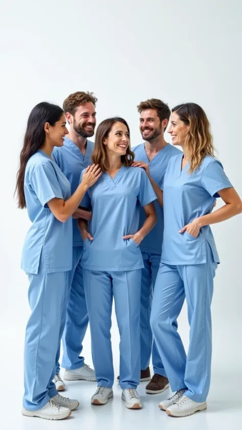 A team of adult therapists in light blue uniforms is posed casually yet professionally against a white background, engaging with each other through subtle interactions—such as placing hands on each other’s shoulders or exchanging small glances. Their expre...