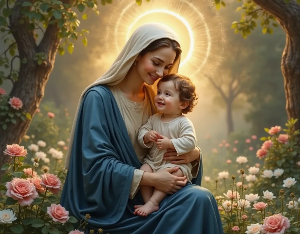 An image in a beautiful heavenly garden with trees and with a background full of white and pink flowers.  in front,  the Virgin Mary with her navy blue robe , tenderly embracing your baby Jesus  .  Above the heads of Jesus and Mary ,  a bright, round halo ...