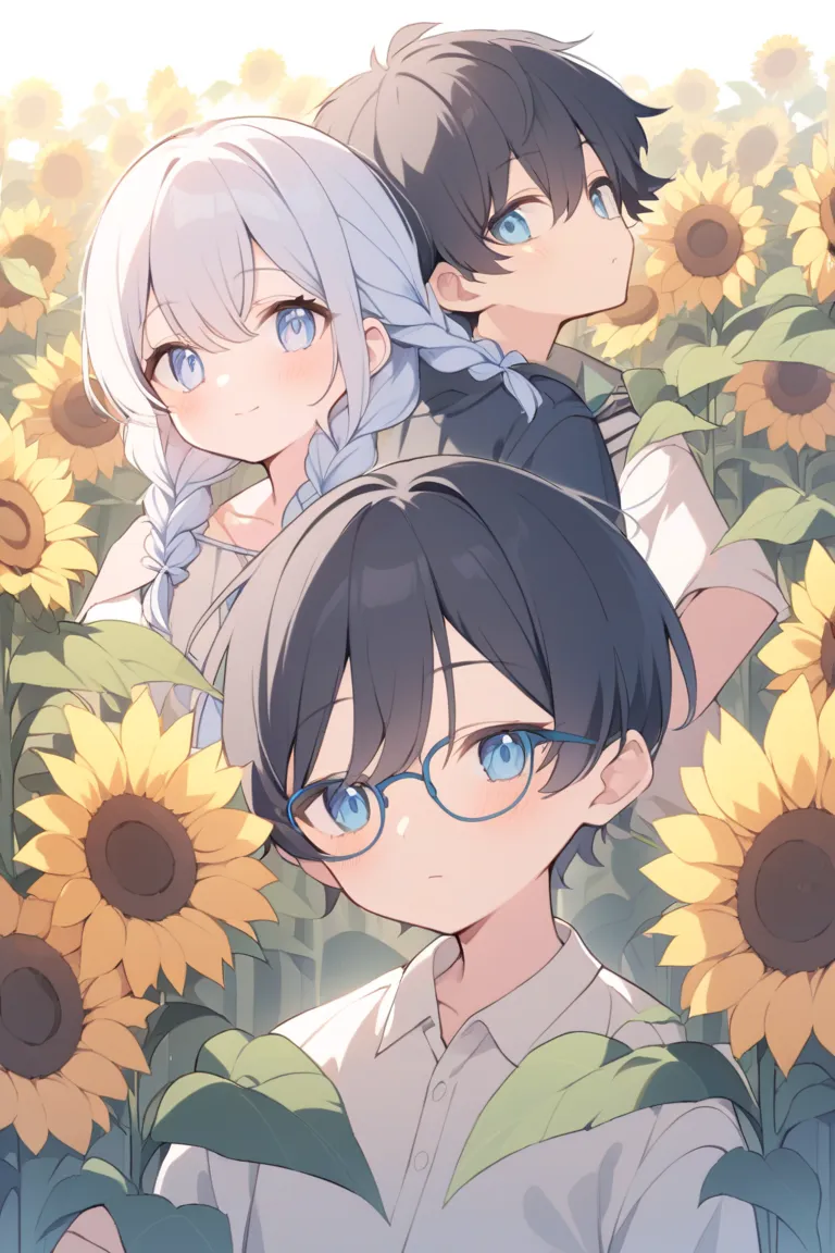 Illustration of a girl with two light blue braids wearing loose white glasses, a sister with light blue eyes and an energetic older sister with long black hair, and an older brother with black hair mash and blue eyes in the middle of the two get along well...