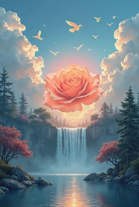 Generate an image of a dawn rose surrounded by a beautiful natural landscape with blue sky, white clouds shaped like animals, waterfall, little birds, trees that symbolize a beautiful connection with nature 