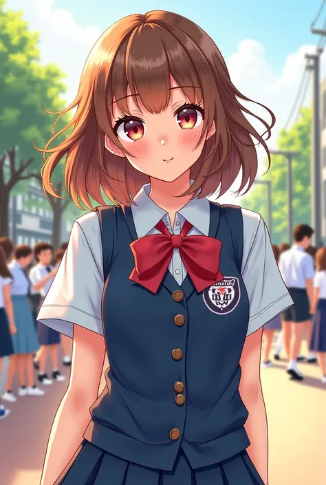 Generate an image of a Korean girl, In Manhwa style,  light brown hair, mis longs arrivant aux épaules, dressed in a high school uniform, She is 16 and has wavy hair