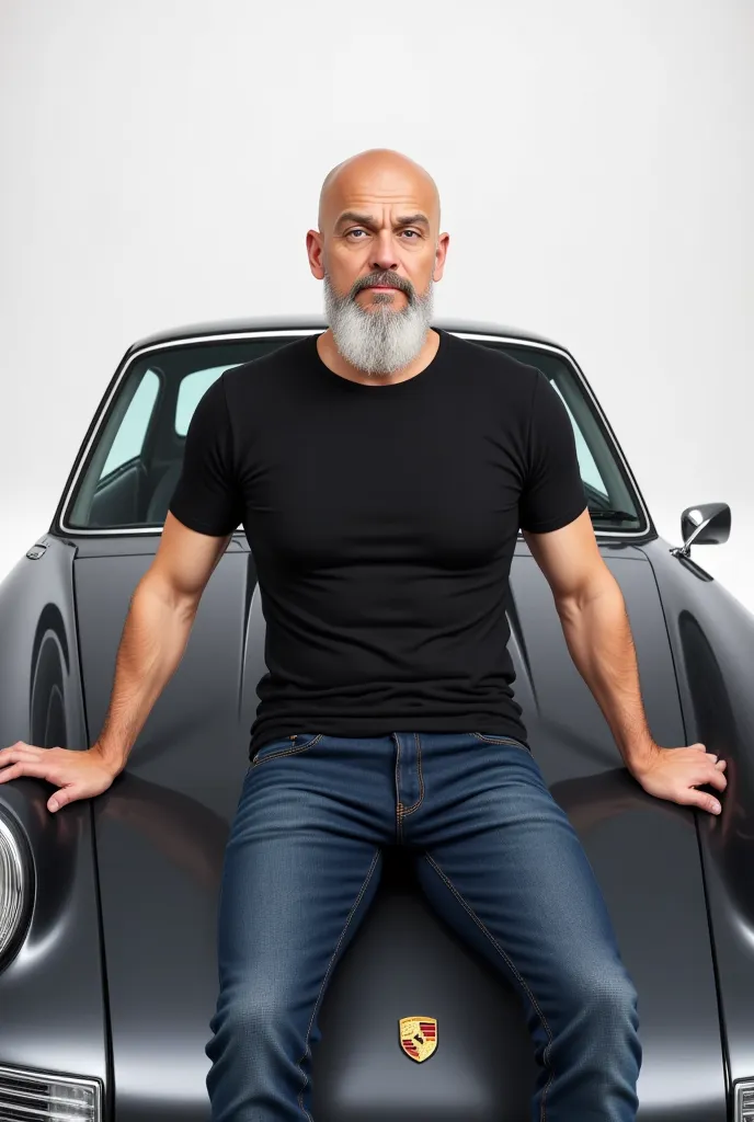 Masculine 54 year-old man, bald and with a longer, white, well-groomed beard, blue-grey eyes, small nose, black T-shirt, seat on the hood of his Porsche 911, white background