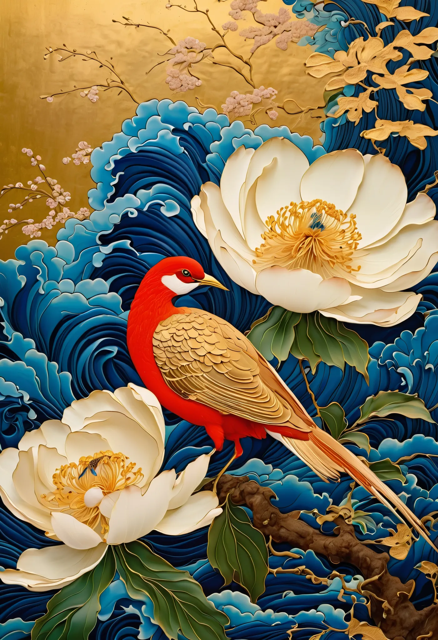 Made with traditional techniques, Japanese painting, gold paint, watercolor, glitter powder, shellfish, painted indigo flowers, gold paint flower painting, lacquer-e style, the folding screen installed in a temple in Kyoto is very beautiful., a painting st...