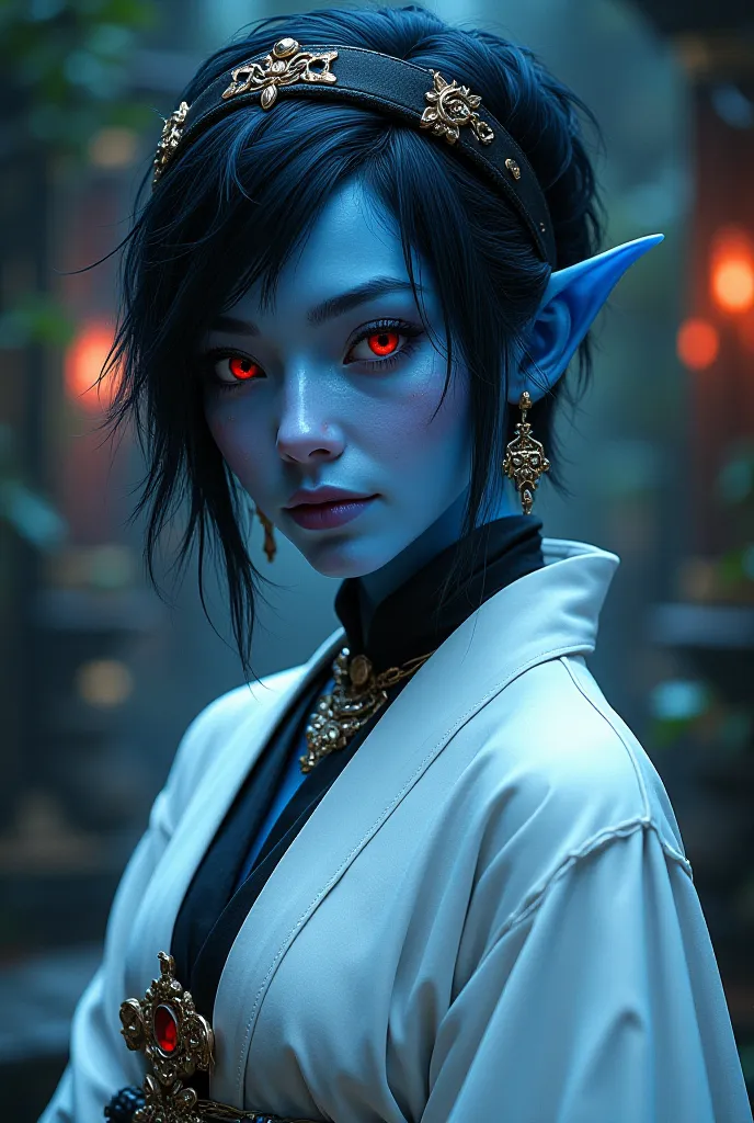 ultra realistic female warlock, wearing white komono robe!!! short dark asymmetric messy hairdo!! blue skin tiefling with red eyes! short upturned gazelle horns!!, fantasy art, d & d, intricate ornate details, jewelry, black headband, photorealistic portra...