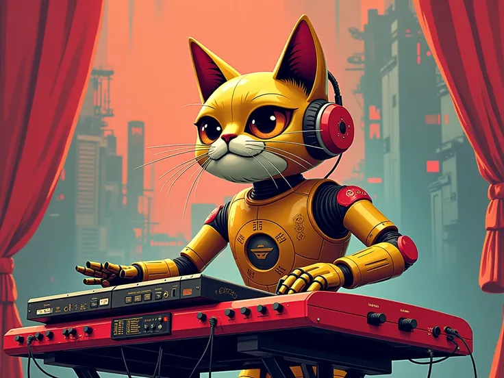 digital ustrations in futuristic retro style with bright colors and dynamic compositions. A humanoid cat with a gold and red robotic body plays an electronic keyboard.  His expression is friendly and confident . The background has an abstract graphic desig...