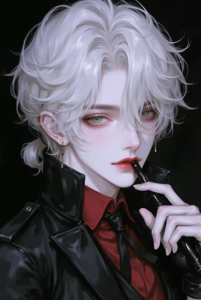  The Beautiful Darkness of One Person in the Tattered Anime full body Boy、 midnight、Dark illustration、20 years old、  White hair, Japanese-Korean villain. Half、, flowing Very well、Lightly draw、Short white hair、 Hair, handsome and neat 、 light green eyes 、Sm...