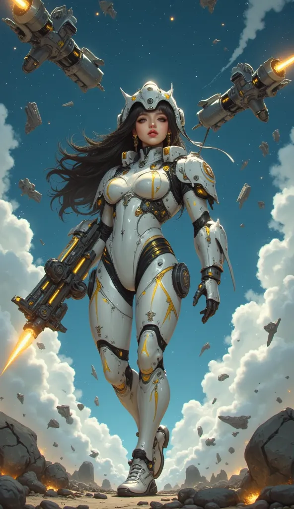 fantasy, A Chinese woman, sharp white yellow cybernetic headgear, squatting firmly in the flying debris of weapons in the starry sky. huge cyber weapon in her hand, She is ready to focus Aiming as a force, on the floor of the corridor flying debris. In the...