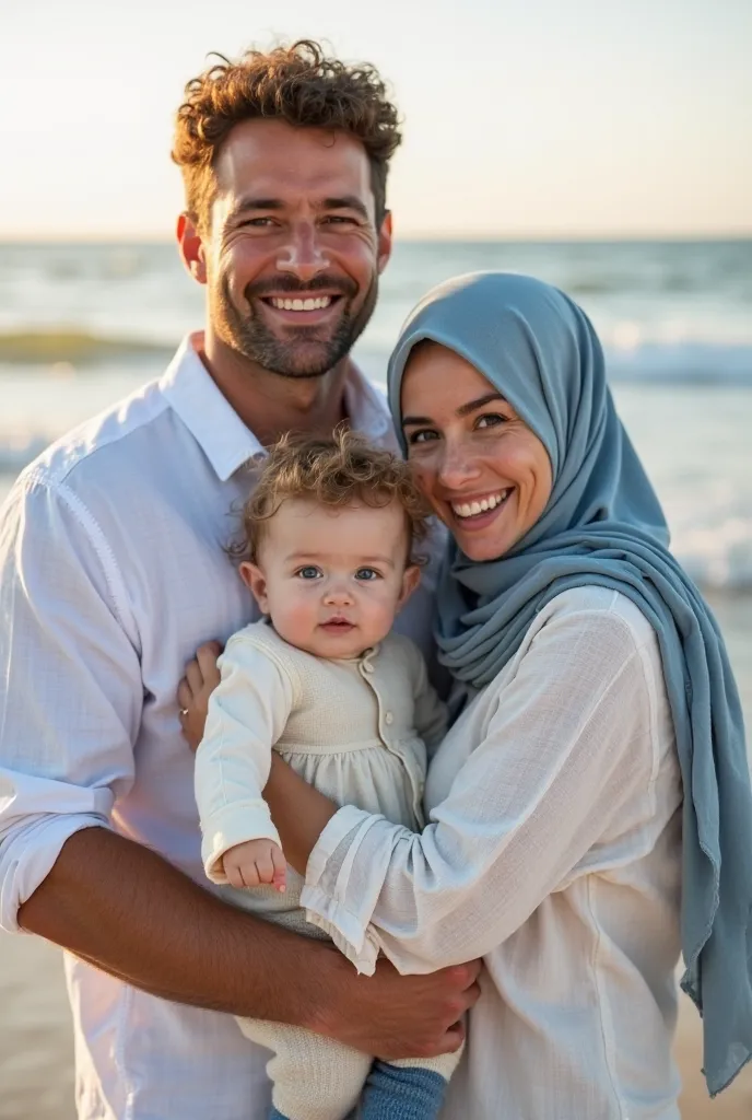 A picture of a happy family.  Details :  hijab, a woman with white skin with freckles, with green eyes next to, Have a light brown baby face and a muscular man. Let this couple have a baby boy with green eyes with freckles and curly hair with white skin th...