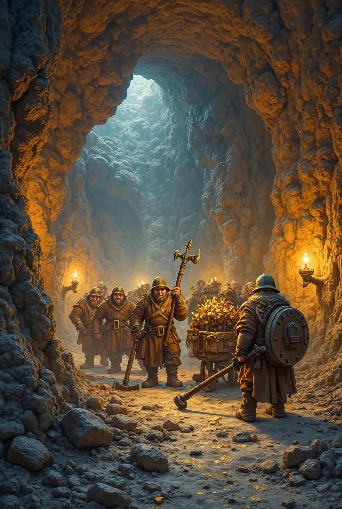 A group of dwarves working in a deep underground mine, illuminated by the warm glow of lanterns. They are dressed in rugged mining gear, wielding pickaxes and shovels, carving through rocky tunnels. The walls glisten with veins of gold and precious gems. S...