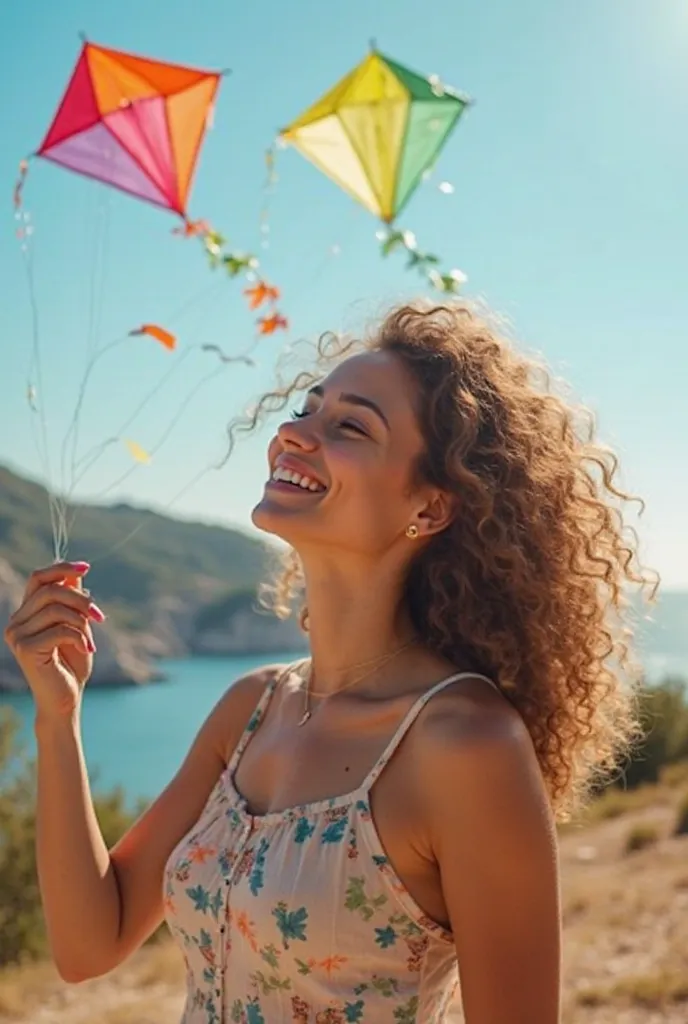 "Create a highly realistic image of a curly-haired woman in Greece celebrating Καθαρά Δευτέρα (Clean Monday). She is outdoors, holding a colorful kite, enjoying the sunshine and a relaxed atmosphere. The background features a scenic Greek landscape, possib...