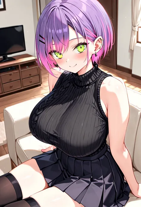 (Best Quality , 8k , masterpiece , incredibly absurdres , perfect body , super detailed skin , highly detailed eyes and face , 1 woman ) , tokoyami towa , purple Hair , Green eyes , smile ,  will be happy , ( sleeveless turtleneck knit , pleated skirt , th...