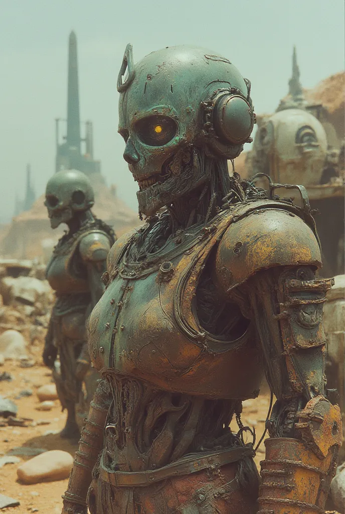 a detailed realistic wasteland rusty robot characters, cinematic shot on canon 5d, ultra skin intricate clothes accurate hands, macro image detailed, shots, badass look, action, perfect eyes, best quality, extremely sharp focus face, analog fine film grain...