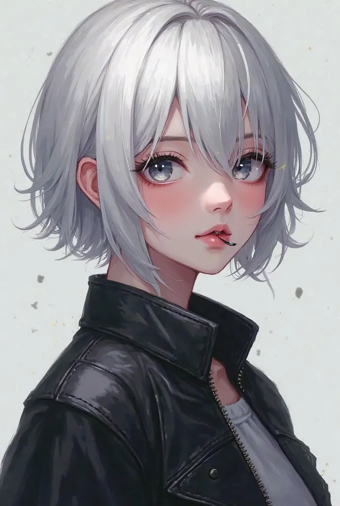 Anime girl short hair with white locks a pierced lip, gray eyes with a black jacket