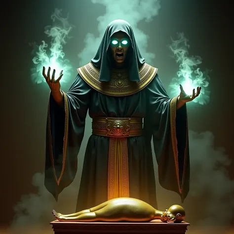 A ghostly Egyptian sorcerer spirit, dressed in royal ancient garments, with glowing eyes and misty hands casting a deadly curse. The spectral figure radiates dark energy, standing before a golden sarcophagus