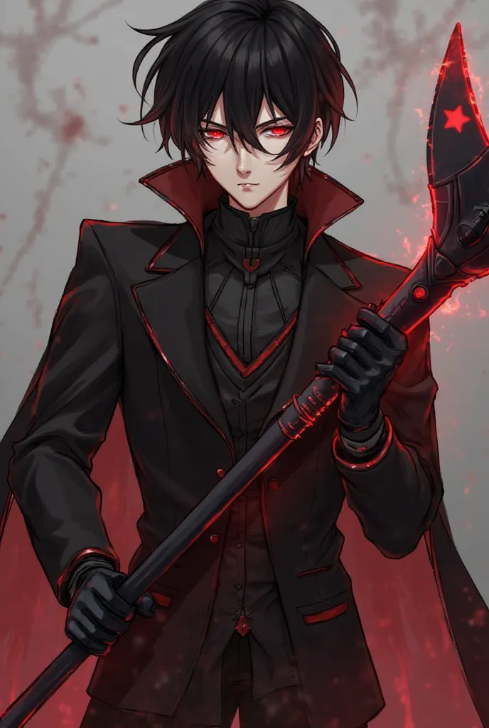 Appearance: He has slightly messy black hair, sharp red eyes, showing danger and determination.

Clothing: A tight black suit with a high collar, delicate red trim, creating a modern but tight style.

Weapon: Holding a sharp iron Death Scythe with red ligh...