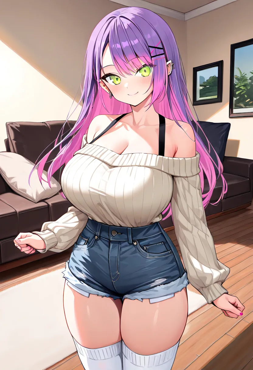 (Best Quality , 8k , masterpiece , incredibly absurdres , perfect body , super detailed skin , highly detailed eyes and face , 1 woman ) , tokoyami towa , purple Hair , Green eyes , smile ,  will be happy , ( off-shoulder sweater, inner wear shoulder strap...