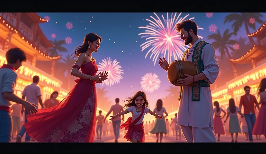 A vibrant and lively scene at a cultural festival at night. The mother wears a beautiful traditional dress, smiling gracefully, she watches the festivities. The father is playing a drum with enthusiasm, his hands mid-beat. A young girl and her sibling are ...