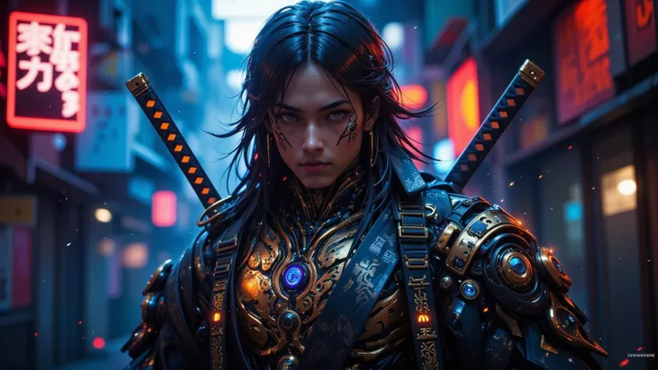 The Cyberpunk Indonesian Samurai steps forward into the flickering glow of a malfunctioning neon sign, his battle-hardened face now fully visible. His high cheekbones and strong jawline are illuminated by electric-blue city lights, highlighting the battle ...