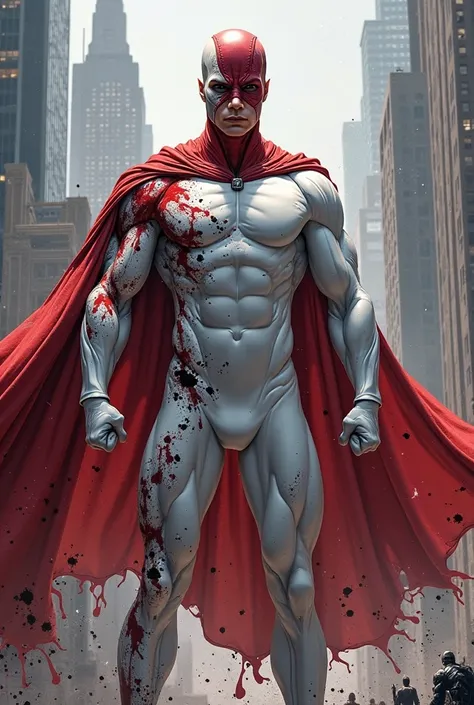 A comic super hero with white tight suit with red and black spots on it