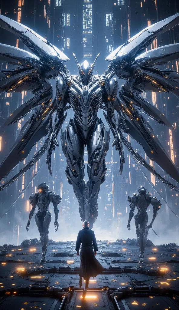 A colossal robotic overlord with intricate cybernetic wings, ruling over a city of futuristic alien beings."