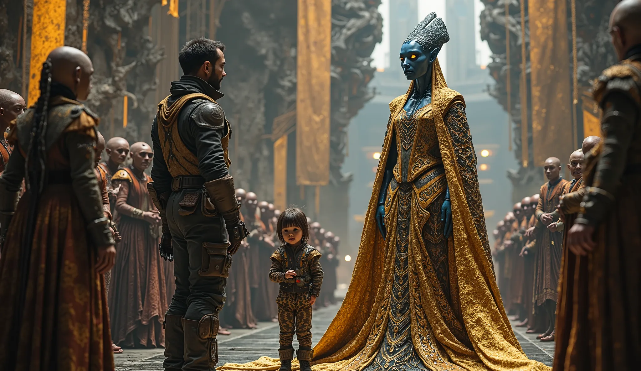 realistic image of "A dramatic and regal scene set in a futuristic alien city with towering black and gold structures, floating platforms, and intricate banners. A human man, dressed in a rugged space explorer outfit, stands before an imposing alien queen ...