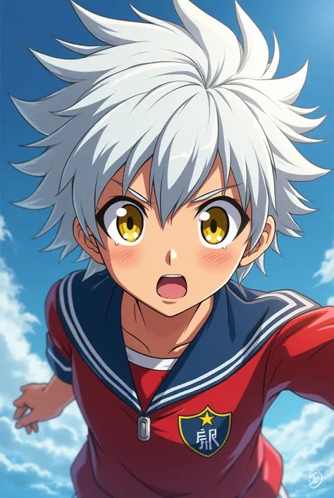 (maximum quality, best quality,  official art ,  beautiful and aesthetic :1.2)  Inazuma Eleven, Boy with white hair , anime style,  Yellow Eyes, wearing the uniform of Raimon .
