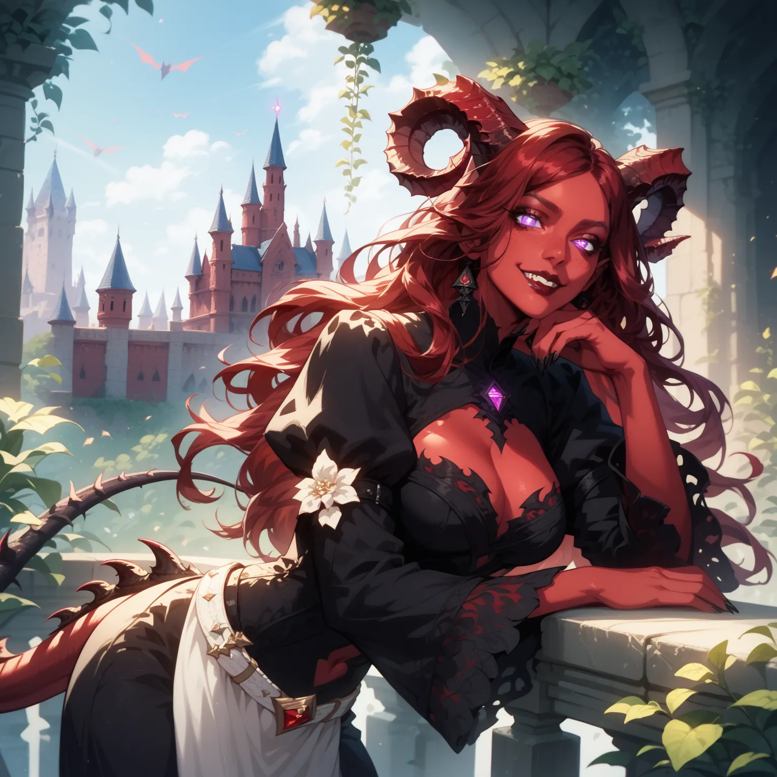 ((Masterpiece, dark fantasy drawing, painting)) Demon, female, curvy:1.2, soft belly, medium breasts, vibrant red skin, dark red hair, red hair, long hair, silky hair, horns on head, long horns curving back and up, big horns curving down and up, hooves, ro...