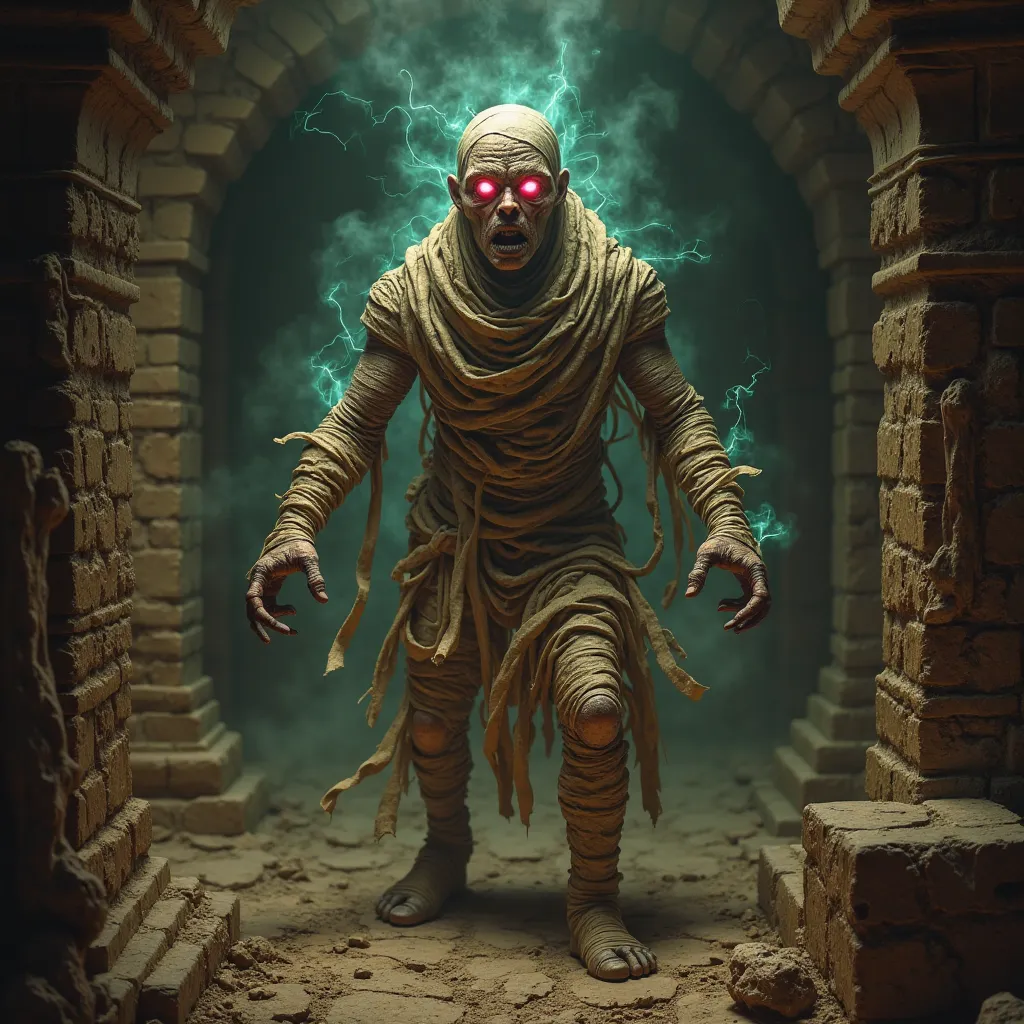 A cursed archaeologist with glowing red eyes and decayed, cracked skin, slowly transforming into a mummy. The ancient magic binds him to the tomb, wrapping him in spectral bandages