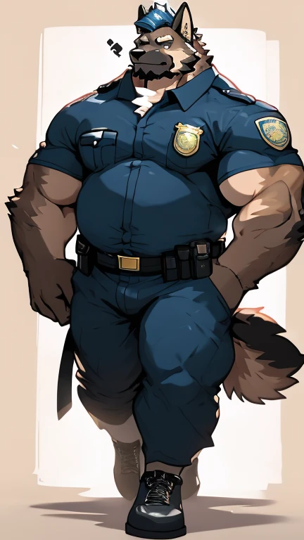 Anthropomorphic german shepherd (male,cool hair,thick beard,cool police uniform,black shoes,9'7 tall,bossy style),Chubby,fat,muscular arms, muscular legs,handsome, cool, huge, big,massive, burly,towering, strong,extremely sexy and hot,extremely attractive,...