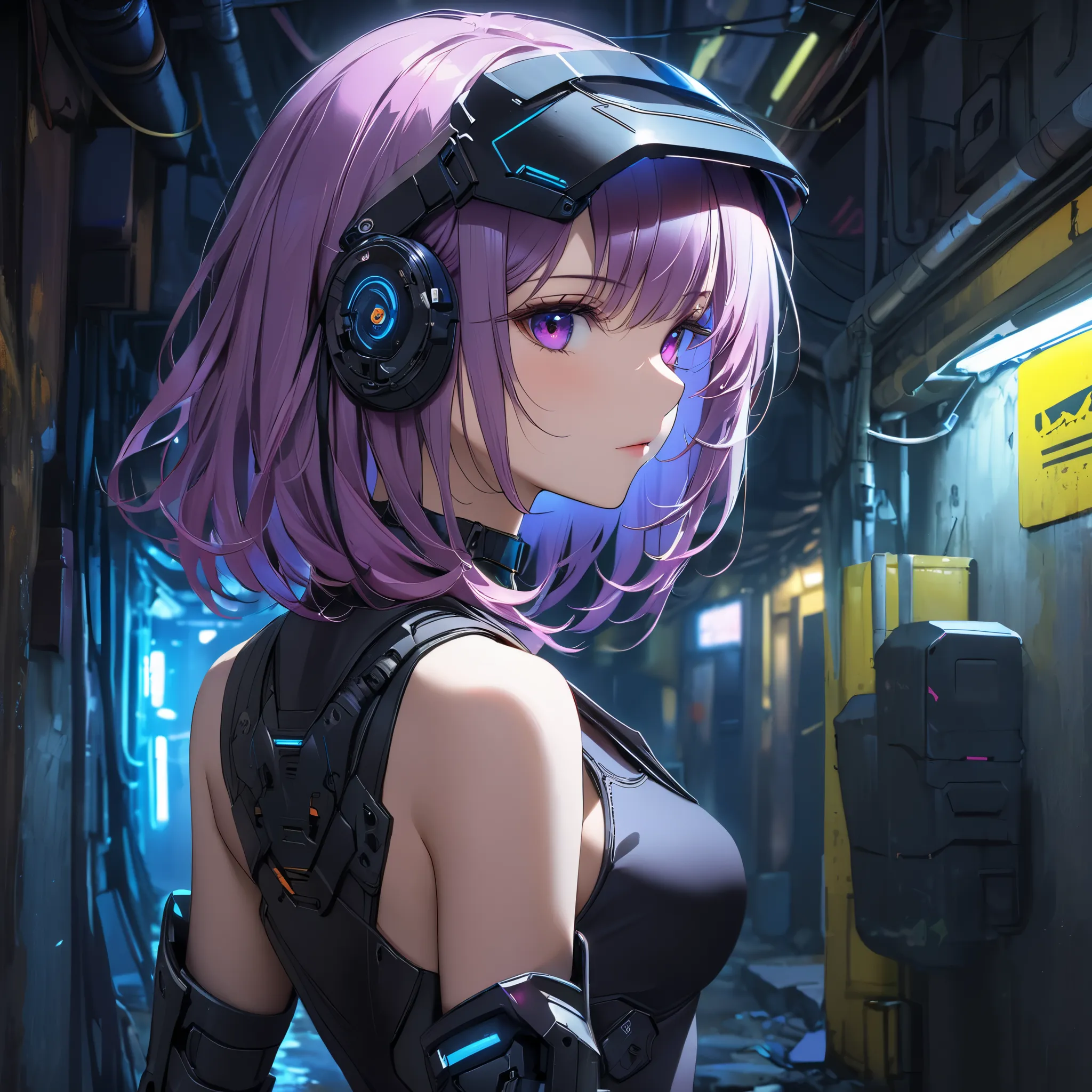 masterpiece, Best Quality, perfect face, highest resolution, detailed depiction of eyes, 1 woman, slender body, orchid color hair, Wavy bob hair, deep purple color eyes, cyberpunk, iron blue mechanical arm guards, Black body armor, Expose Shoulder, mechani...