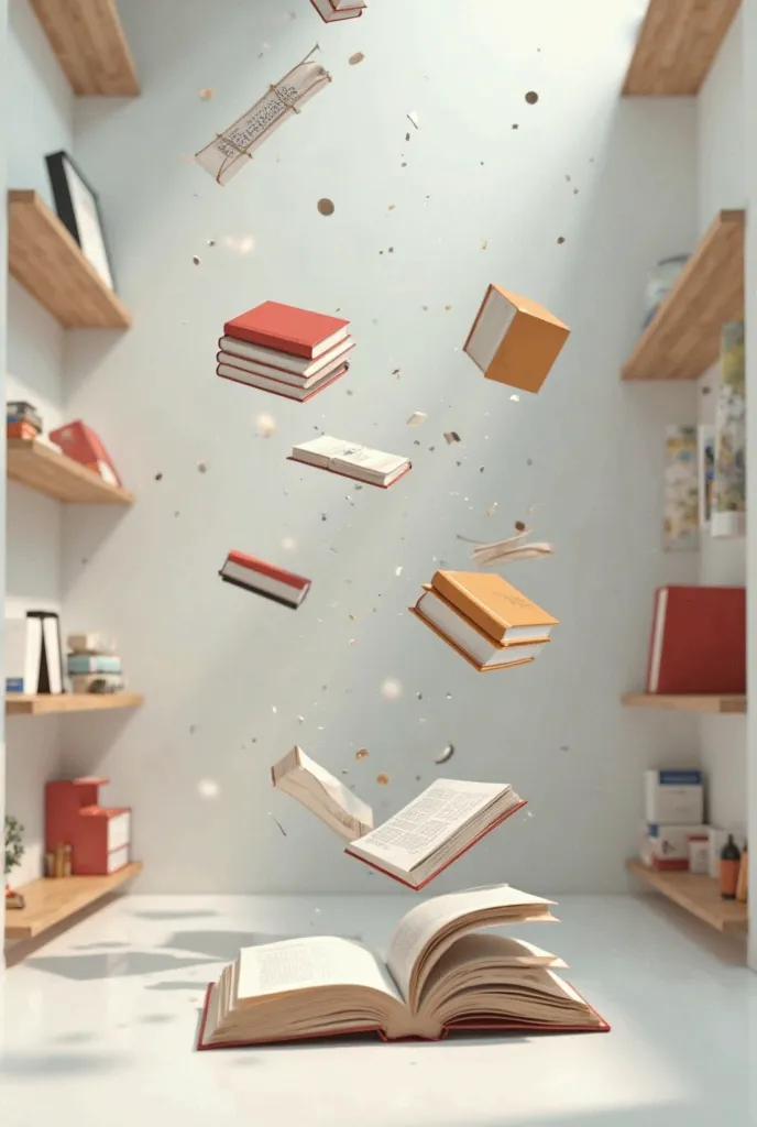 Modern books flying on shelves 