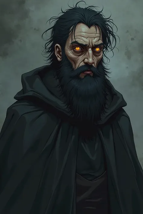 A 3 anime style man, tired and thin face, black hair and beard with lots of dark circles, black priest&#39;s clothes, Large Beard ,horror,
