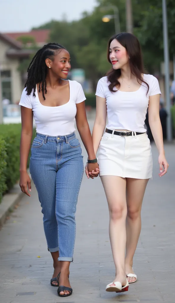 Two women walk hand in hand. The one on the left has a sexy figure, dark skin, dreadlocks, and wears jeans. The woman on the right is beautiful, sexy, fair-skinned, and has a beautiful Japanese face, wearing a short skirt with a round neck and a white T-sh...