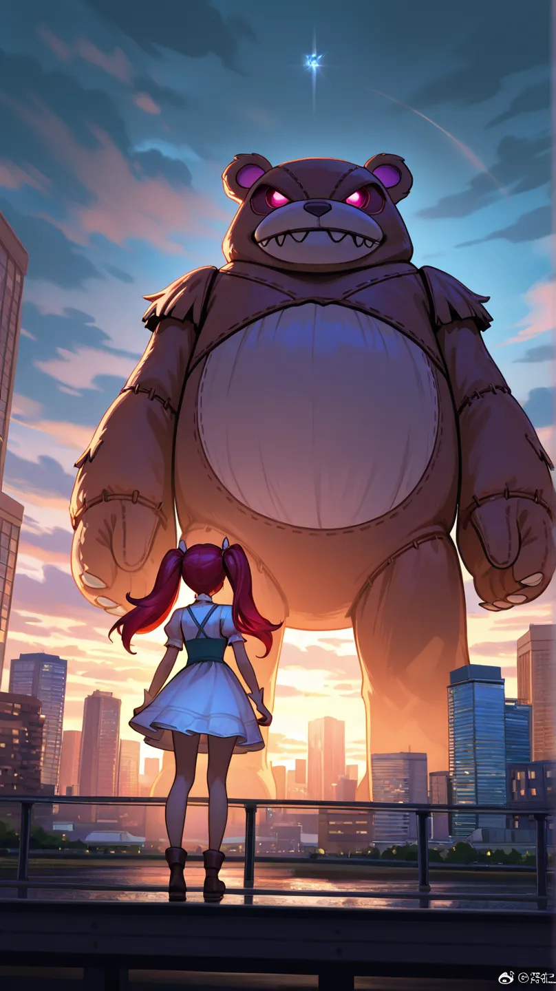 Create Annie with her protector Tibbers from Arcane League of Legend on a bridge with the city in the background in cartoon format