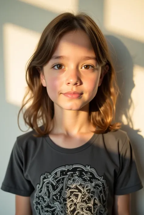 Close-up portrait of a light-skinned, age girl with shoulder-length, light brown hair.  Natural, soft lighting casts subtle shadows on her face and hair, creating a warm, almost ethereal atmosphere.  The subject displays a relaxed, slightly pensive express...