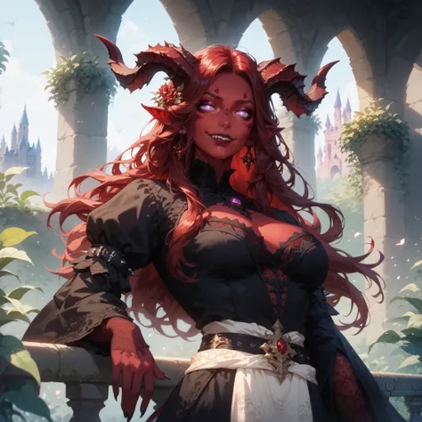 ((Masterpiece, dark fantasy drawing, painting)) Demon, female, curvy:1.2, soft belly, medium breasts, vibrant red skin, dark red hair, red hair, long hair, silky hair, horns on head, long horns curving back and up, big horns curving down and up, hooves, ro...