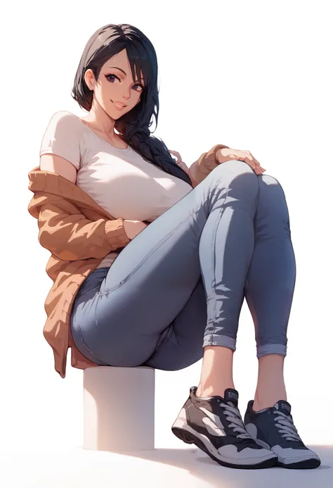 Score_9, Score_8_up, Score_7_up, 1 girl, black hair, black eyes, curvy figure, smile, jeans, cardigan, sneakers, large bust, barefoot, front view, looking forward, standing, simple background, white background,