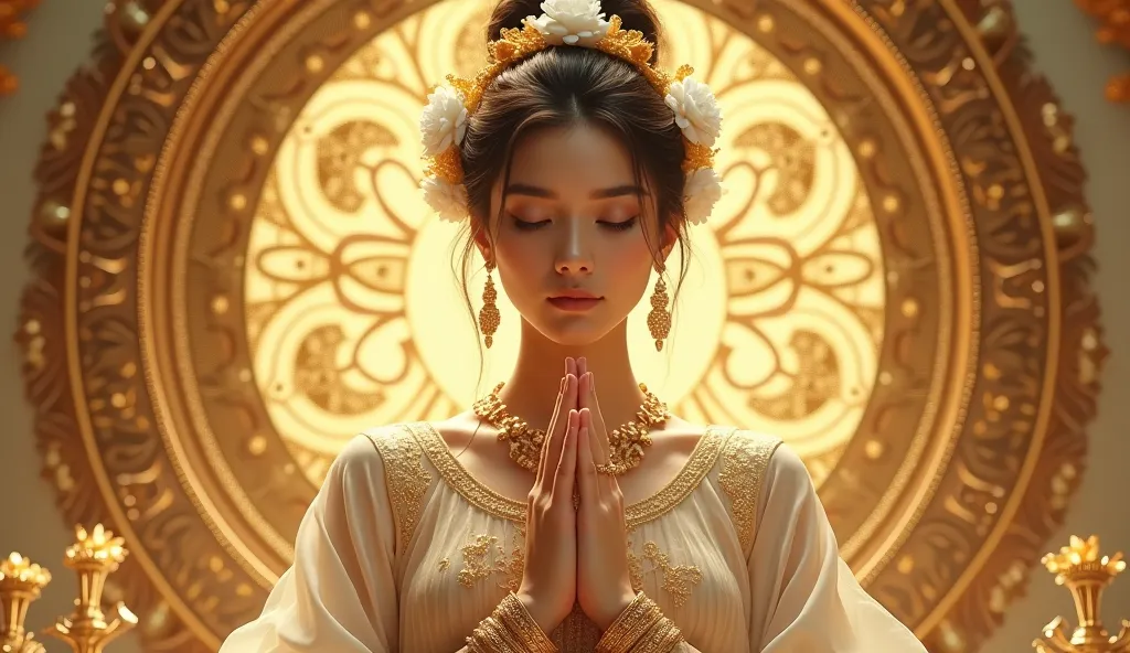 "Create a hyper-realistic and detailed image of a woman with her hands in a prayer position in a luxurious golden setting, inspired by elements of divinity and gratitude. She must be dressed in a traditional costume ornamented in gold and cream tones, with...