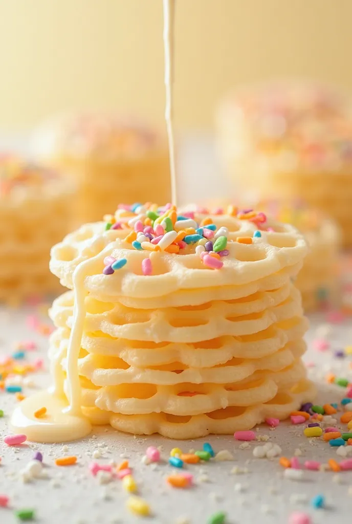 I want them to be wafers , Those are waffles , The wafers are thinner , are almost transparent , and condensed milk and colored sprinkles are placed on them 