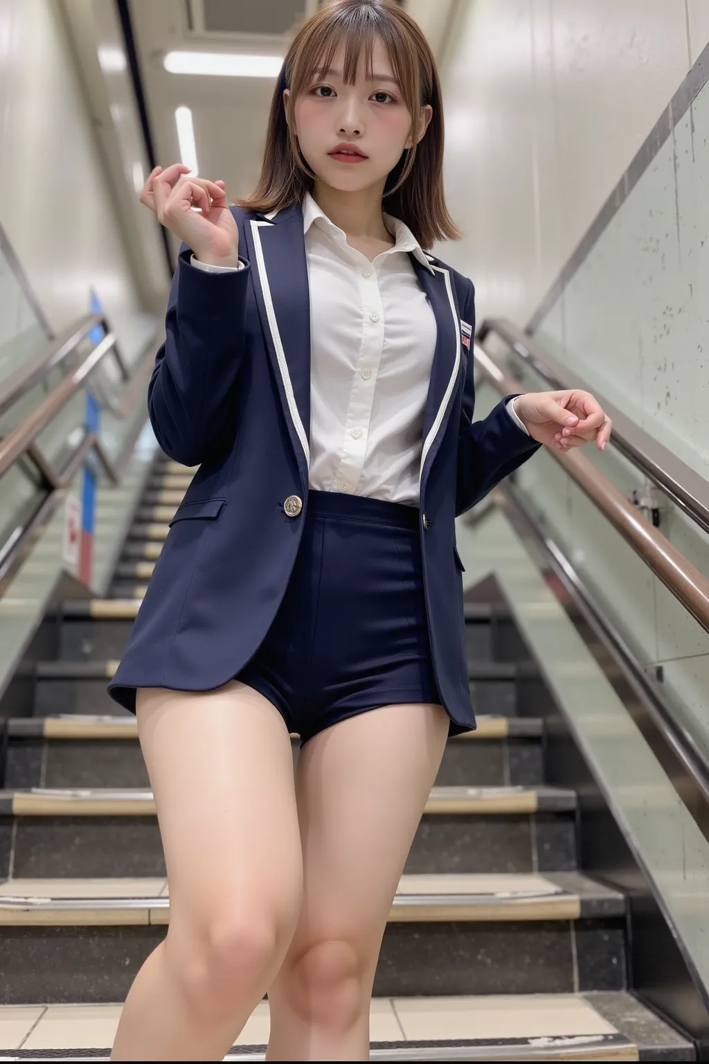 　 best image quality、score_9,  score_8_ up 、masterpiece、(from below:1.5)、1 Japanese girl、female high school students、uniform、blazer、miniskirt、panties、(thick thighs:1.4)、At the top of the stairs、station