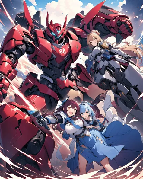 Score_9, score_8_up, score_7_up, score_6_up, source_Anime, high detailed, 2 girls, plus-sized, Large breasts, curvy body, mecha armor, serious, long skirt, large mecha wings, posing together, open mouth (shouting), mechanical gauntlets, High detailed mecha...