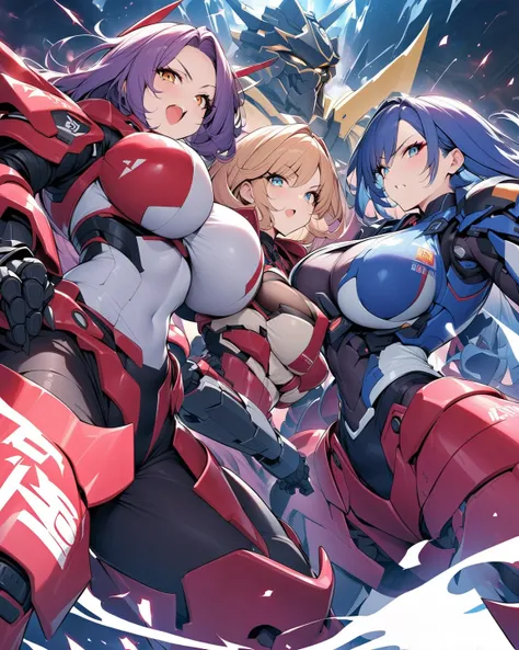 Score_9, score_8_up, score_7_up, score_6_up, source_Anime, high detailed, 2 girls, plus-sized, Large breasts, curvy body, mecha armor, serious, long skirt, large mecha wings, posing together, open mouth (shouting), mechanical gauntlets, High detailed mecha...